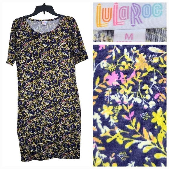 LuLaRoe Julia M 8/10 Blue Floral Knee Length Knit Bodycon Soft Stretch Dress - Picture 1 of 8